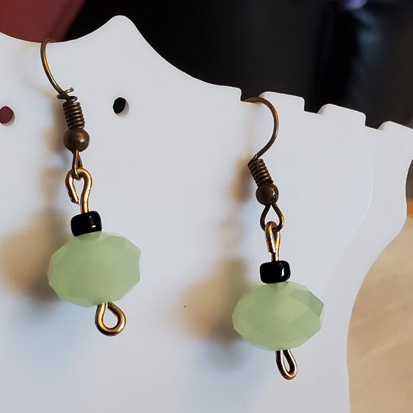 Bronze Tone Hook Green Czech Glass Bead Earrings